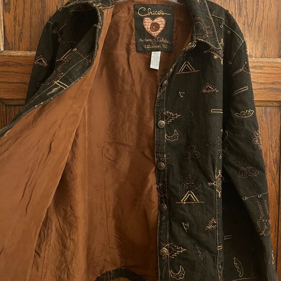 Chico's Jackets & Blazers - Chico's Lined Black/Brown/Copper Denim Jacket Embroidery Beads